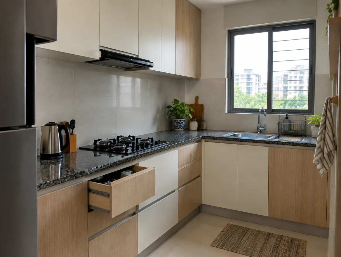 Finished modular kitchen with laminate cabinets and a granite counter, one drawer open showing its layered plywood edge