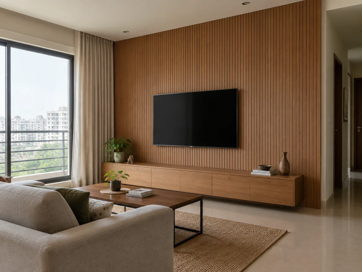 Living room feature wall clad in grooved wood-veneer panels behind a TV console