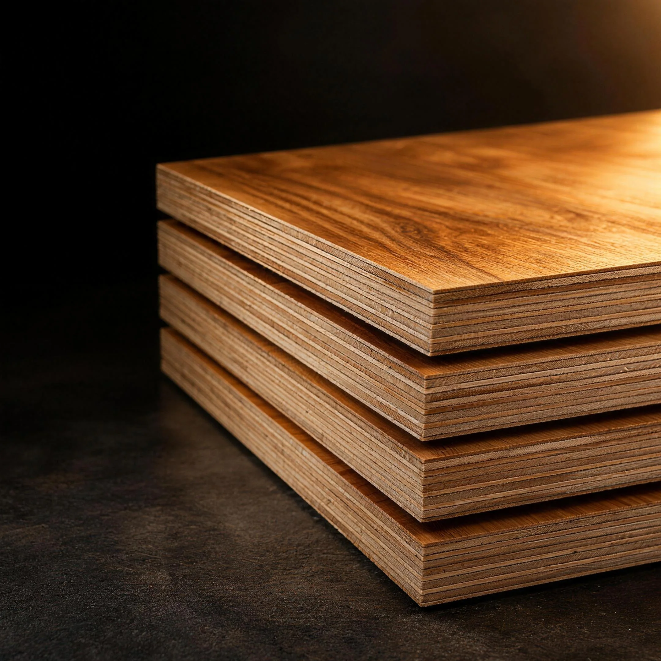 Four stacked plywood sheets, their layered edges lit by warm light